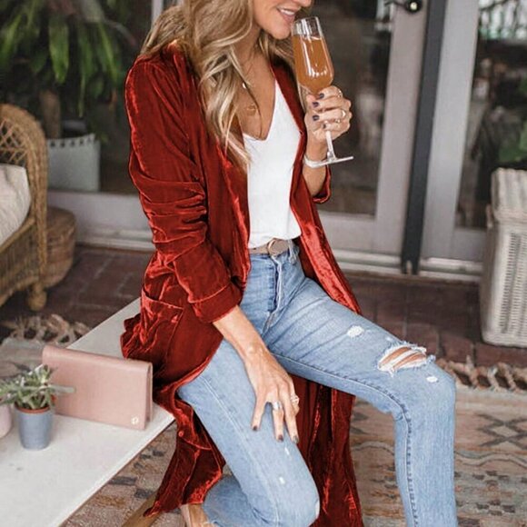 Red Casual Women's Solid Color Velvet Front-Open Jacket - Picture 4 of 6